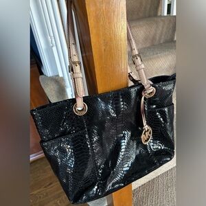 Michael Kors Black Snake-Embossed Shoulder Tote with Tan Straps